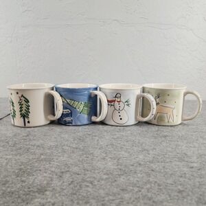 Eddie Bauer Home Christmas Mugs Set of 4 Winter Reindeer Snowman Trees Ceramic